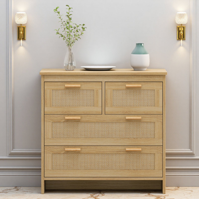 Easy-Assembly 4-Drawer Rattan Storage Cabinet, Farmhouse Chic Organizer for Bedroom, Living Room & Entryway