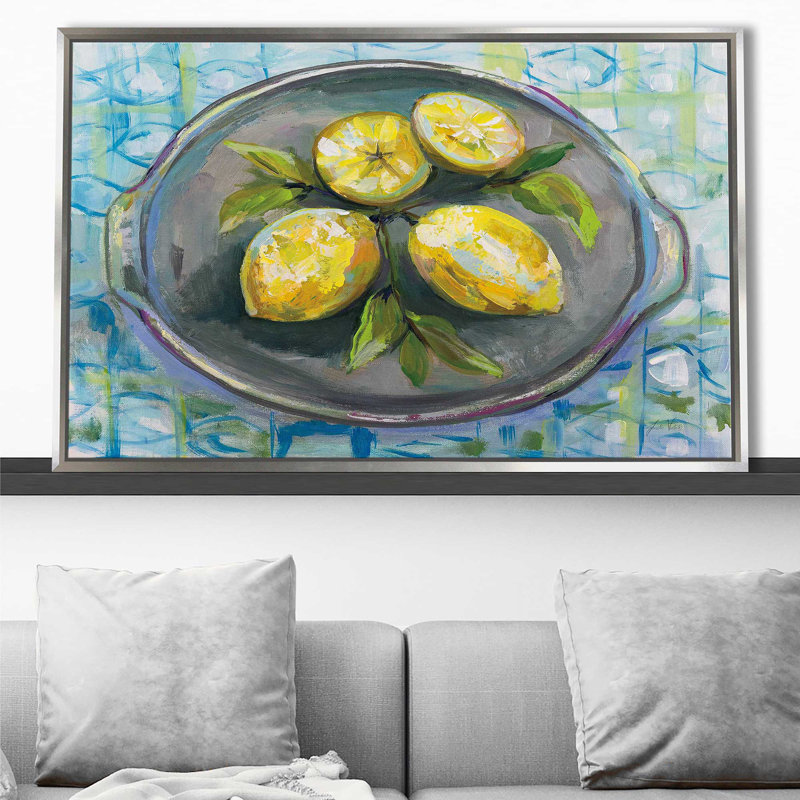 Citrons - Peinture, Cadre flottant argent, H 27,5 po x l 43,5 po x P 2 po