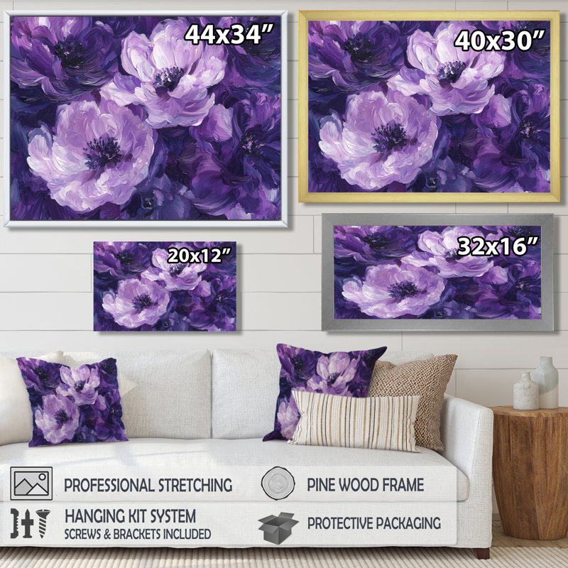 Pivoines mauves, danse de l'élégance I - pivoines, art mural, H 28 po x l 60 po, Toile tendue