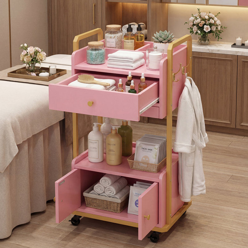 2-Tier Potable Station Rolling Cart with Locking Wheel, Mobile Storage for Salon, Spa, Office, Barber Shop, Pink