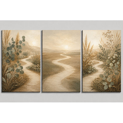 Extra-large Set of 3 Beige Meadow Path Canvas Wall Art Rustic Artwork Farmhouse Nature Decor for Living Room Bedroom 24x36 Inch  Canvas Print - Ready to hang