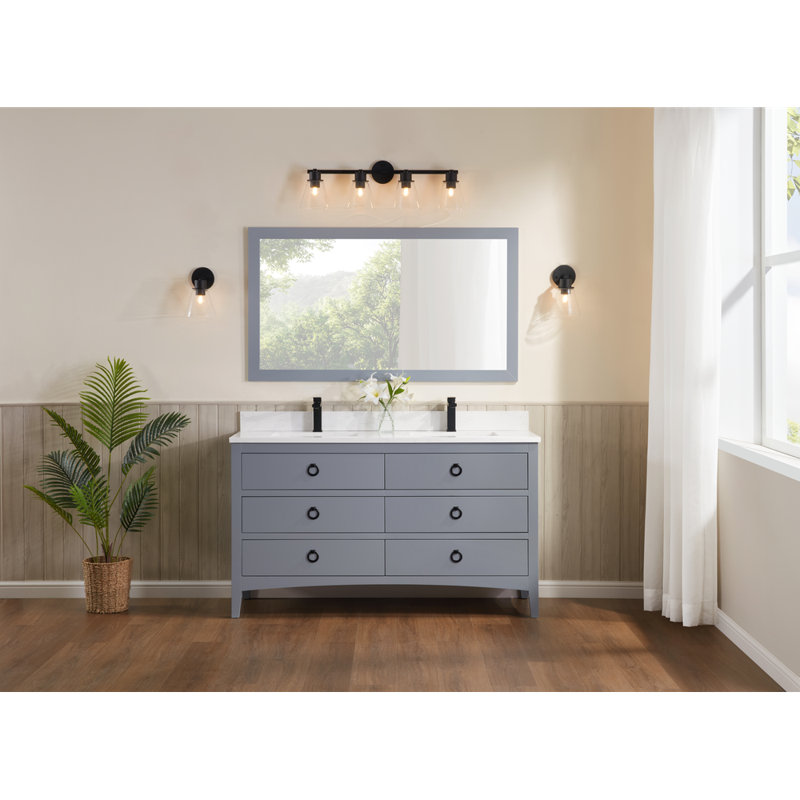 60" Solid Wood Sink Vanity With 1" Artificial Stone Top, Black, Cadet
