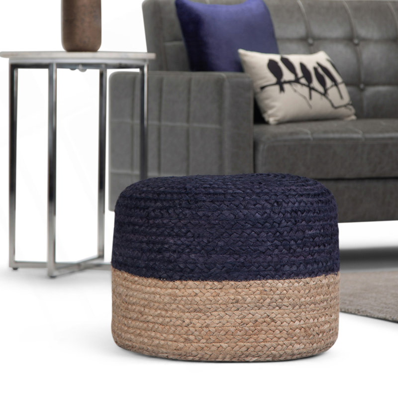 Pouf rond de 18 pouces de large en jute tressé à la main bleu marine et naturel