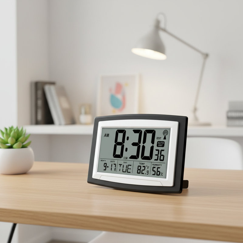Horloge atomique murale / de bureau à grand écran, affichage automatique de la température et de l'humidité, alimenté par piles pour les personnes âgées