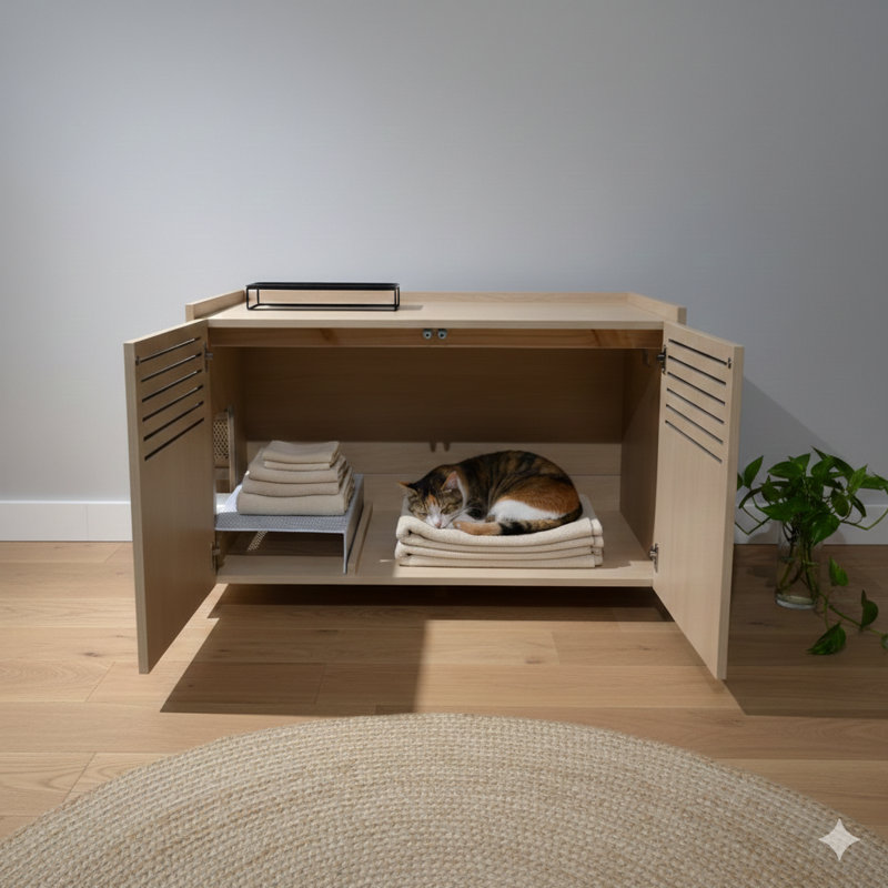 Habitation moderne en bois pour chats avec un tampon à griffer intégré et un bac à litière dissimulé spacieux. Mesure L 33,46 po x l 21,06 po x H 21 po et pèse 45,87 lb.