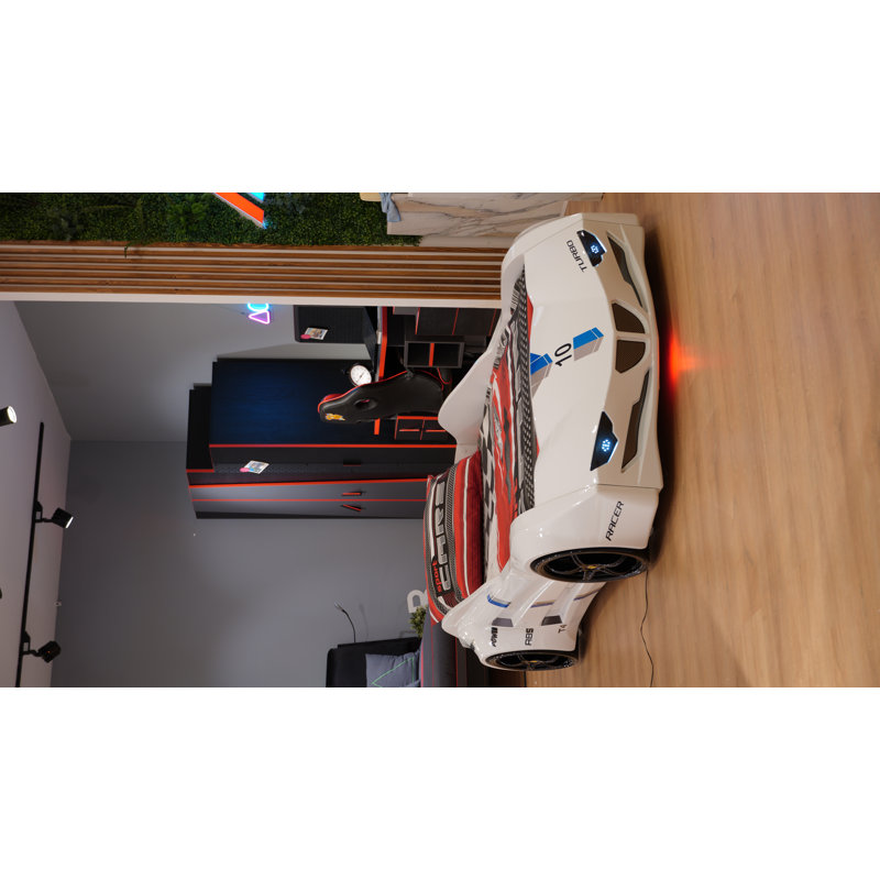 Aafkea Twin Race Car Bed, Remote Control, LED Lights, Sound FX, Rear Seat, White
