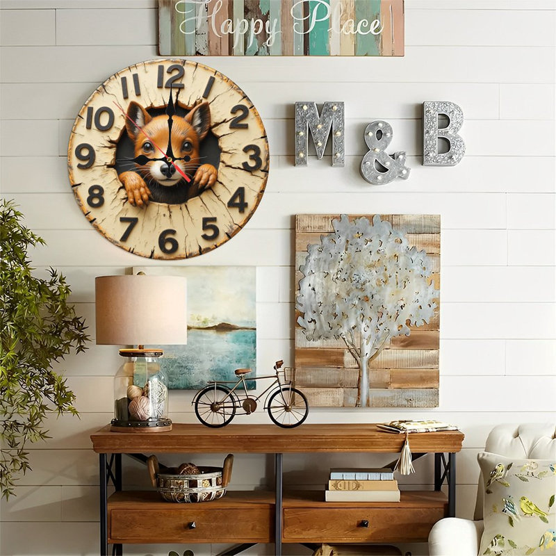 Horloge murale 10 po en MDF rond avec mouvement à quartz silencieux et crochet sans perceuse (piles AA non incluses)