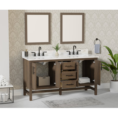 Meuble-lavabo double 60 po Solon avec plateau en pierre frittée Calacatta, pré-assemblé