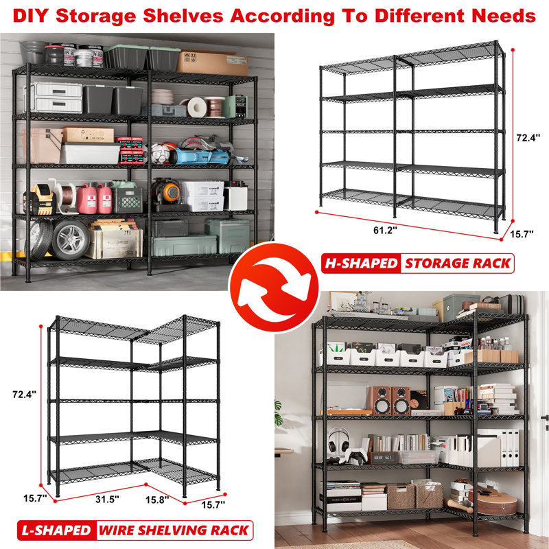 Marlia Steel Height -Adjustable Storage Rack Heavy Duty Shelving Unit, 5-Tiers 72.4" H x 61.2" W x 15.7" D, Black