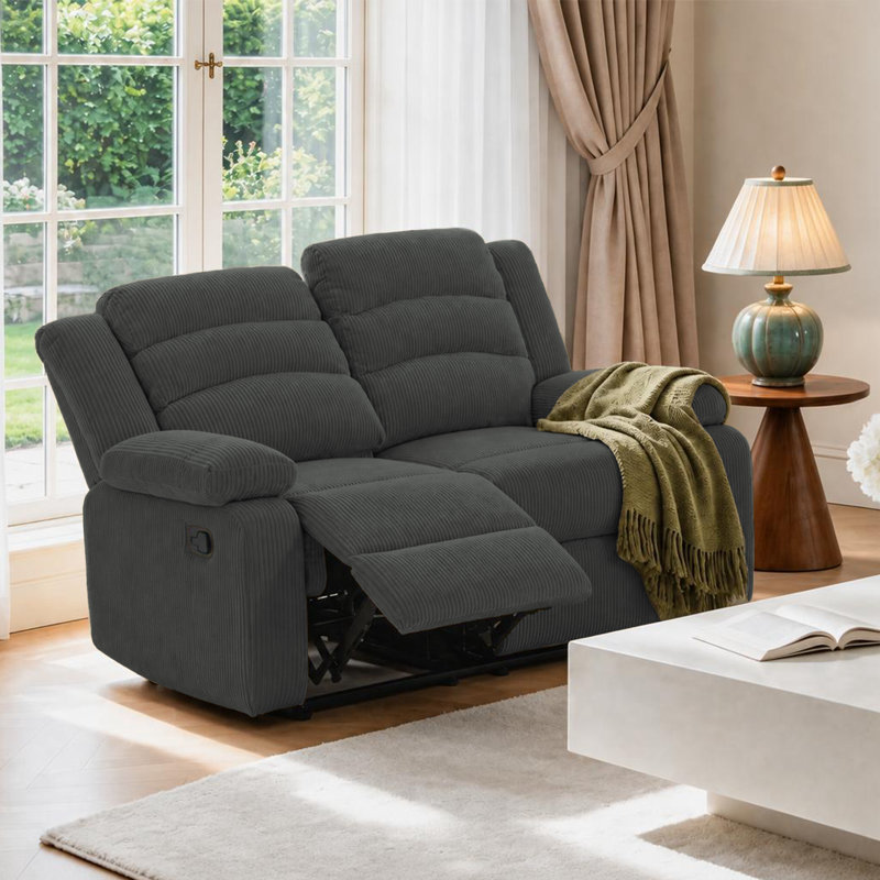 Manual Reclining Loveseat with Rounded Armrests, Dark Grey Corduroy