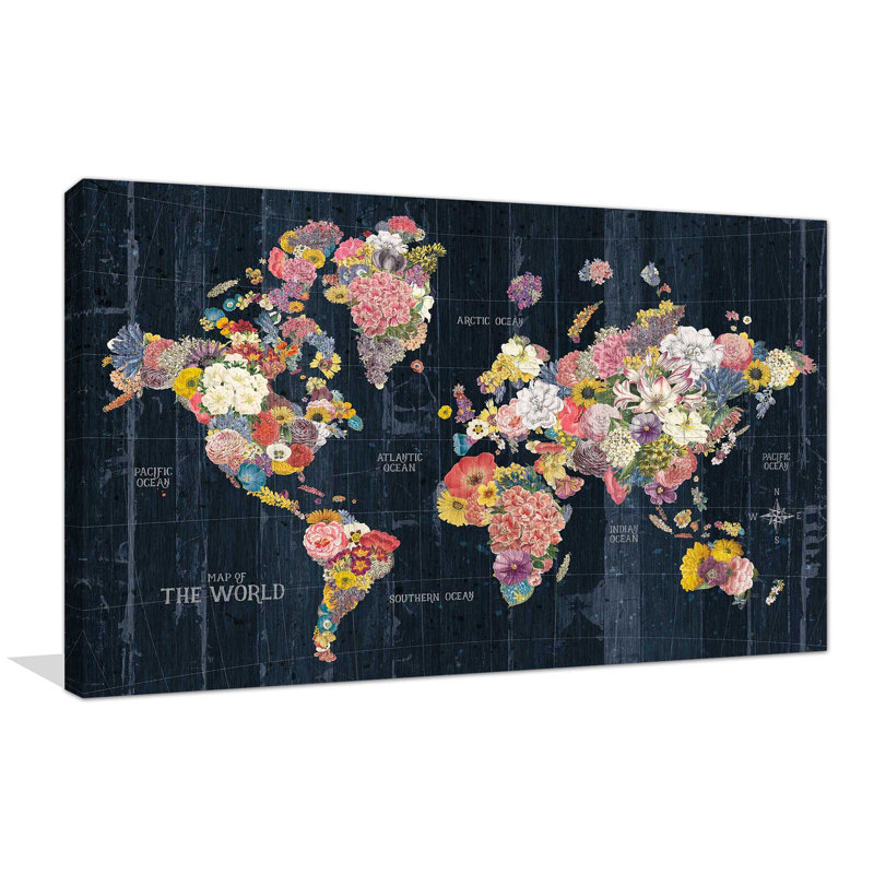Botanical Floral Map Words - impression d'art graphique, Toile tendue, H 36 po x l 60 po x P 1,5 po