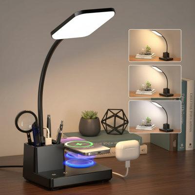 Lampe de bureau à DEL 800 lumens avec IRC 95, chargeur sans fil, port USB et porte-stylo, 3 modes de température de couleur avec gradation, contrôle tactile et col-de-cygne flexible, comprend un adaptateur d'alimentation, idéal pour les bureaux à domicile et les dortoirs universitaires