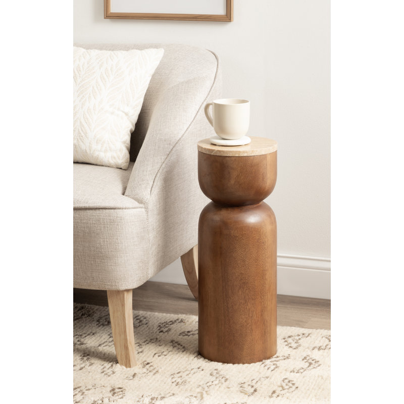 Teo Modern Sculptural Mango Wood Round Drink Table, Natural Top/Dark Brown Base