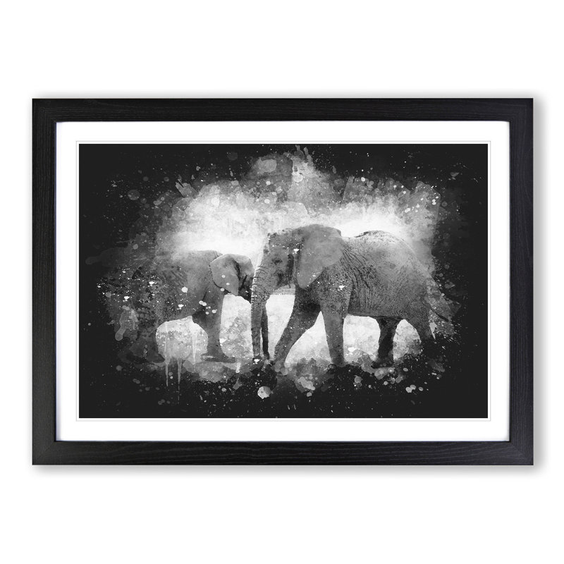 Elephants Crossing Paths Paint Splash - Picture Frame Graphic Art, 62cm H x 87cm W x 2cm D, Black Framed