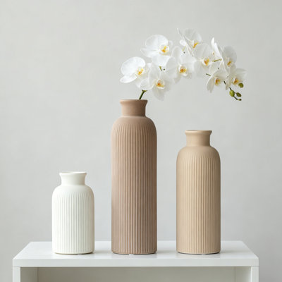 Modern Ceramic Vase Set, 3-Piece Earth Tone Natural Color Ribbed Matte Finish Decorative Vases for Home Living Room Office