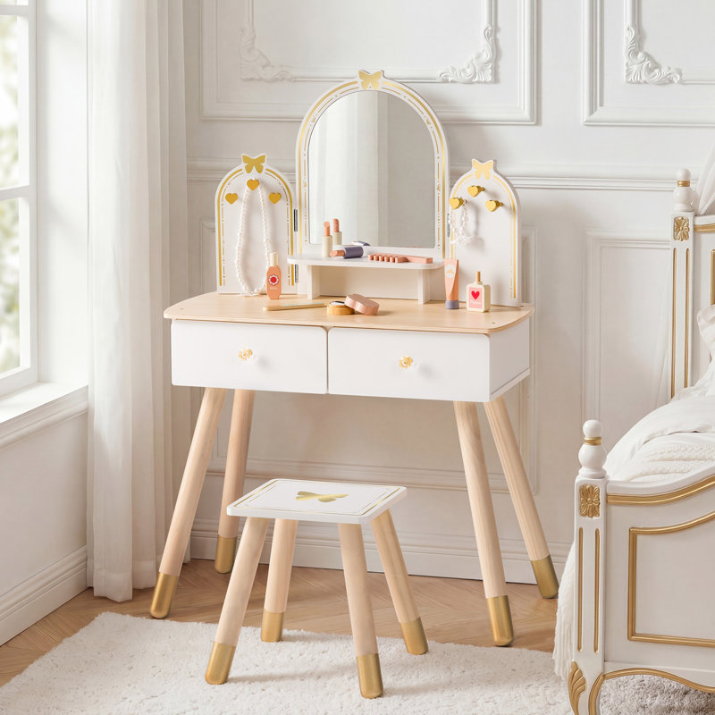 Coiffeuse et tabouret de maquillage pour enfants 2 pièces, Blanc