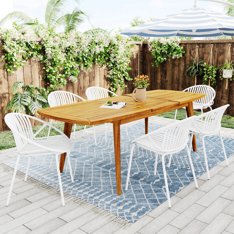 7 Pieces Outdoor Expandable Dining Set With Stackable Chairs