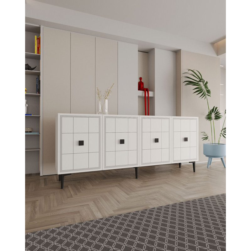 Console moderne blanche de 59,1 po x 29,5 po x 12,6 po | 100% panneau de particules enduit de mélamine, épaisseur: 0,7 pouce | Plusieurs tablettes, fixation murale, conception géométrique | Parfait pour le salon ou le vestibule