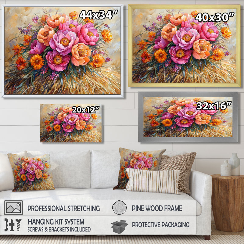 Été, bouquet de pivoines, art mural sur toile, Cadre flottant brun, 30" H x 40" W