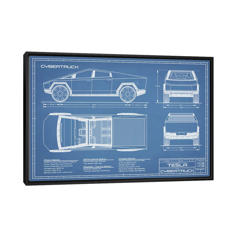 Blueprint de Tesla (2020-2022)-impression de dessin, Pas de tapis, H 18 po x l 26 po x P 1,5 po, Toile avec cadre noir