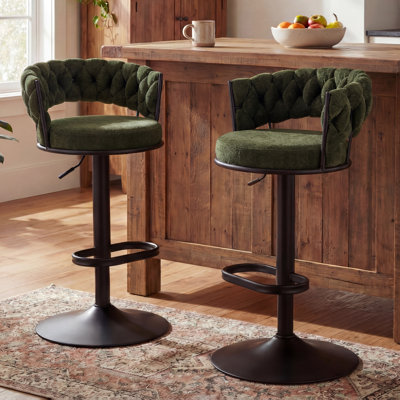Modern Woven Green Fabric Tufted Back Swivel Bar Stools With Adjustable Height Black Metal Base And Footrest Stylish Stools For Kitchen Counter Breakf