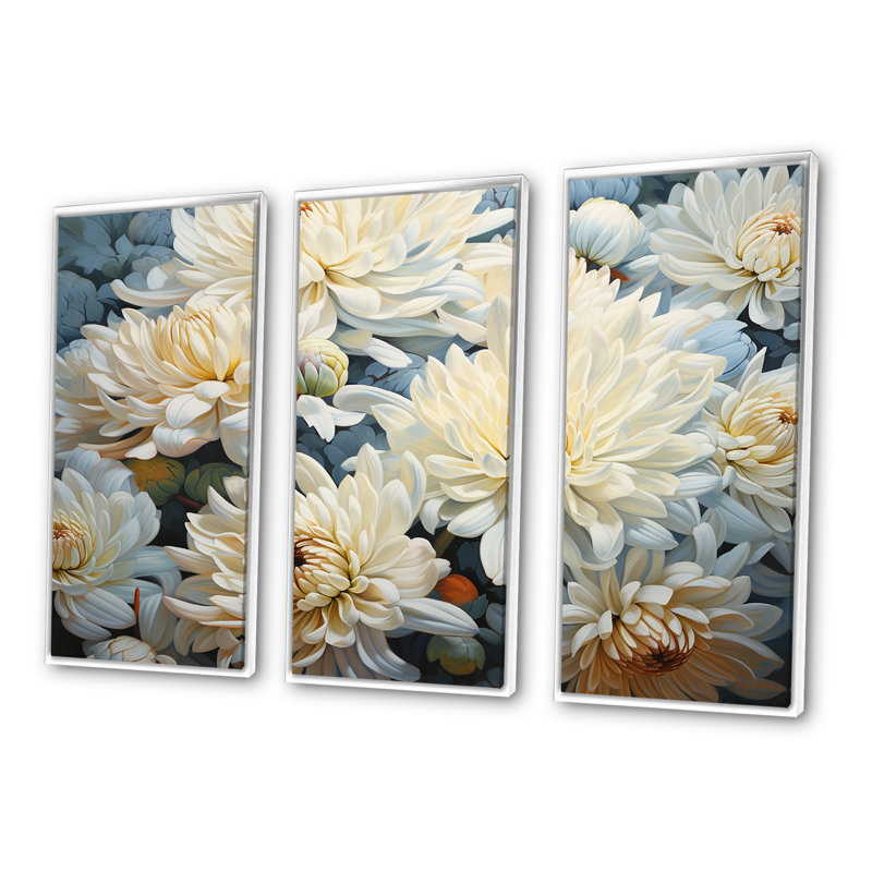 Blooming Mums, peinture en beige et bleu IV - Mums, art mural sur toile, Cadre flottant blanc, H 32 po x l 48 po x P 1 po