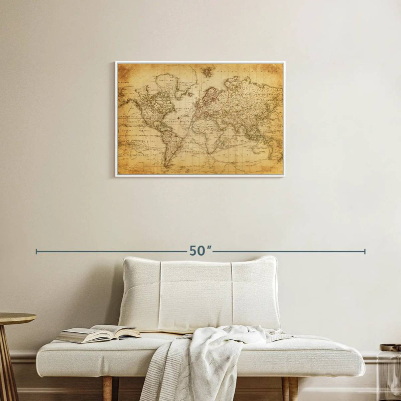 Carte du monde de l'Ancien siècle, 31 po x 21 po, Cadre flottant blanc