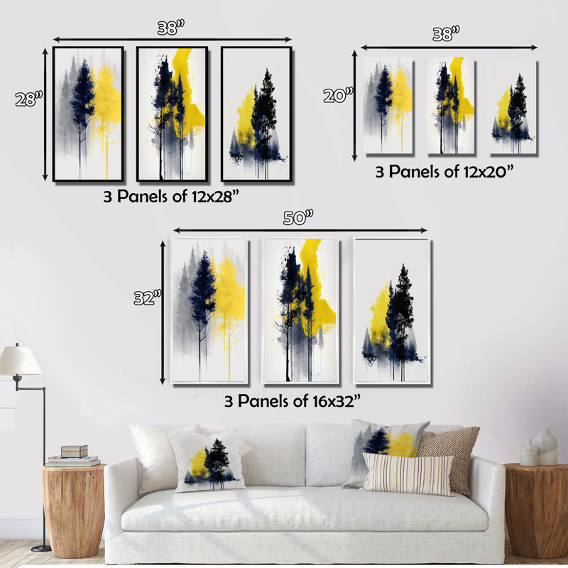 «Yellow Majestic Forest», 3 pièces sur toile, H 28 po x l 36 po, Cadre flottant blanc