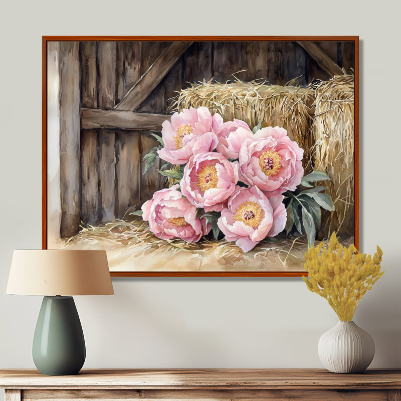 Dortha Farm, pivoines dans le Hayloft I - pivoines, art mural, H 30 po x l 40 po, Brun, Impression encadrée flottante