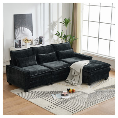 Canapé d'angle en L de 251 cm avec pouf amovible, canapé moderne 4 places en chenille noire