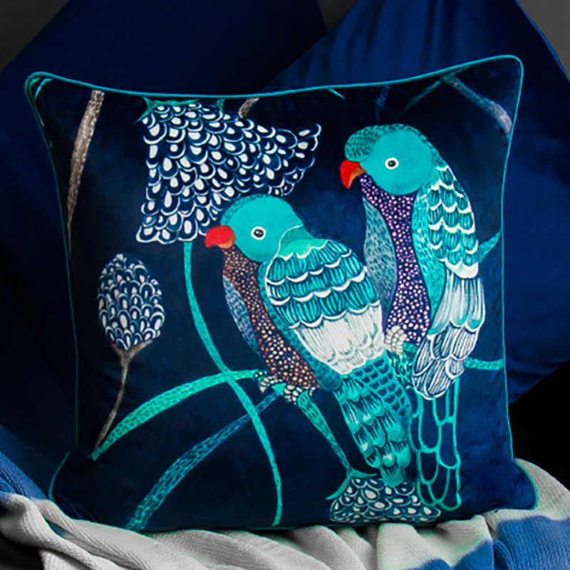 Housse de coussin en velours avec motif paon, H 18 po x l 18 po, Marine, Carré