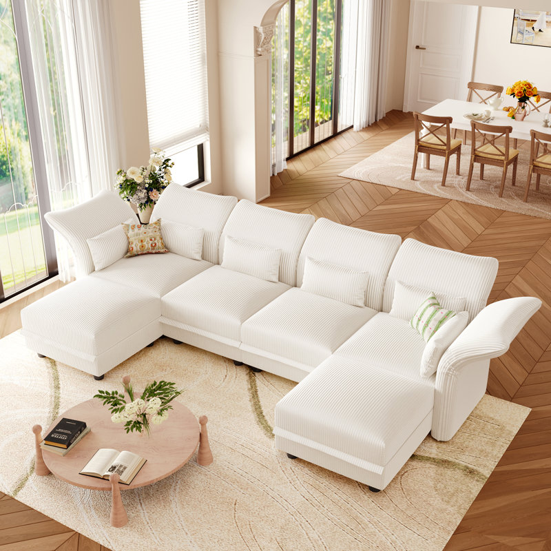 U-Shaped Upholstered Modular Sectional Sofa With Storage, 6 Seat  Corduroy  Couche With Adjustable Arms Backs,Plush Supportive Cushions, Beige