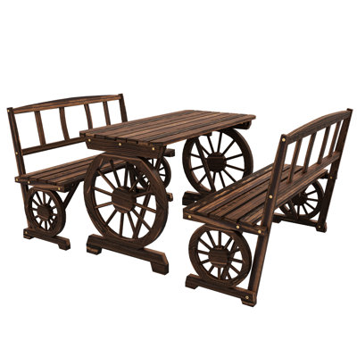 3 Piece Wood Outdoor Table And Chairs, Furniture With Wagon Wheel Design For Patio Family Time 4 - Person Furniture, All Weather Pine Feature
