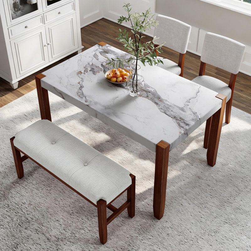 Ensemble de salle à manger 4 pièces, 1 table d'appoint en marbre avec 2 chaises rembourrées à dossier incurvé et 1 banc