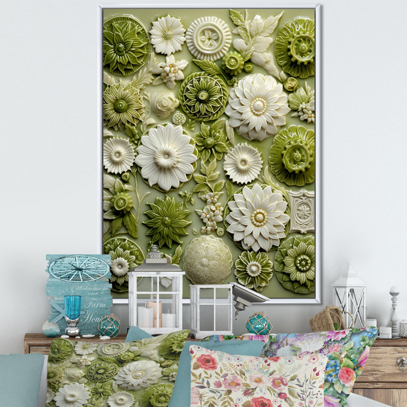 Carreaux floraux verts « Botanicals » I - Décoration murale « Botanicals », Cadre flottant blanc, 32" H x 24" W