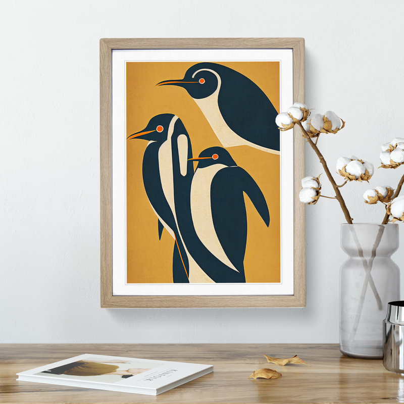 Abstract Penguins - Single Picture Frame Painting, 64cm H x 46cm W x 2cm D, Oak