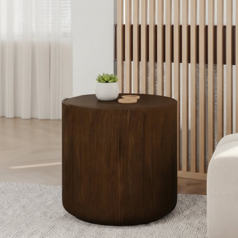 Table d'appoint intérieure ronde 19,29 po H, tabouret de jardin moderne en grain de bois, robuste MGO (oxyde de magnésium) imperméable, table sans assemblage pour patio, jardin, cour arrière, salon (brun)