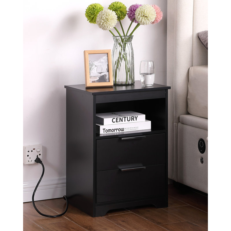 Table de chevet noire avec station de charge, table d'appoint moderne avec 2 tiroirs et tablette ouverte pour la chambre à coucher et le salon