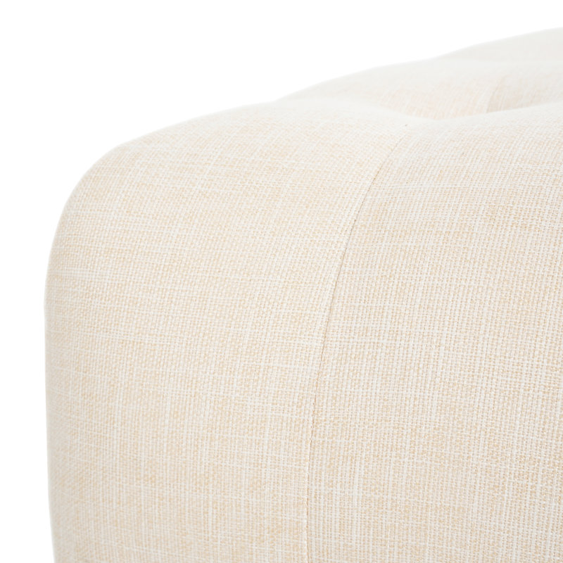 Repose-pieds carré rembourré en tissu de lin capitonné, pieds en bois massif, beige