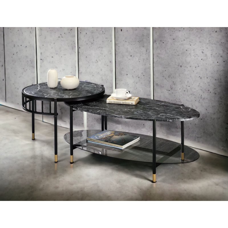 Silas Engineered Stone Top & Black Finish Nesting Table