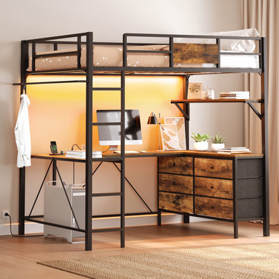  L-Shaped Loft Bed with Desk, Led Lights, Charging Station and 6 Storage Drawers, Metal Loft Bed Frame with Led Lights & Ladder