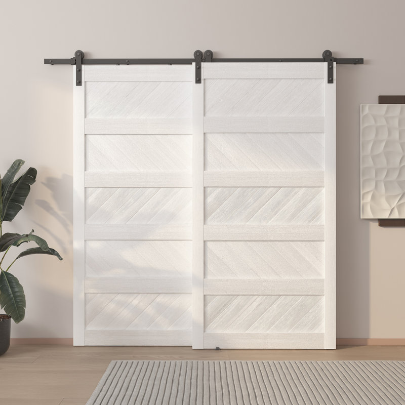 Portes de grange doubles en bois manufacturé avec panneaux de vagues, 84 po x 84 po, Blanc
