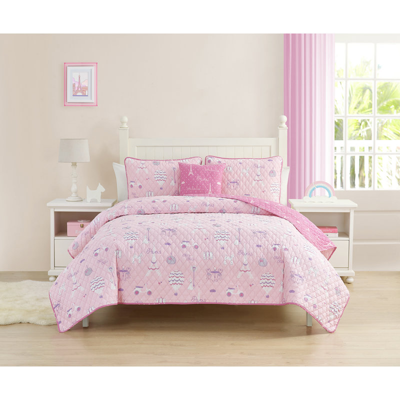 Pink Paris Themed Reversible Cotton Twin Quilt Set