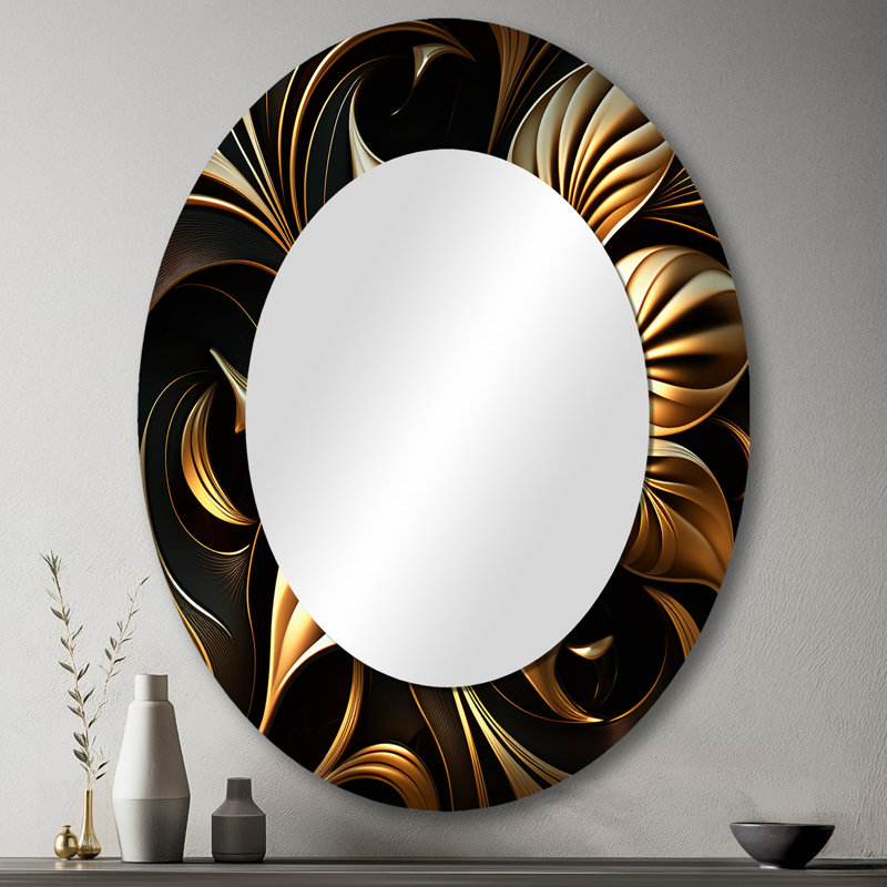 Golden Lily On Black I - miroir décoratif Lily, miroir mural moderne, impression d'art en métal, 43 po x 33 po, Ovale
