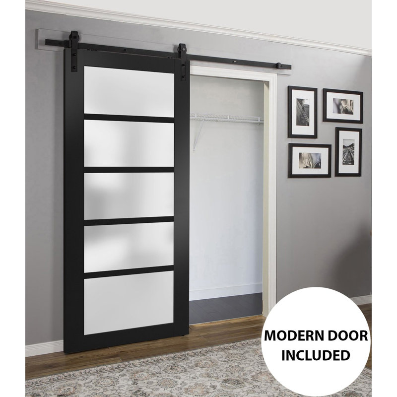 Quadro Frosted Glass Barn Door with Installation Hardware Kit, Black, Matte Black, 42" x 84"
