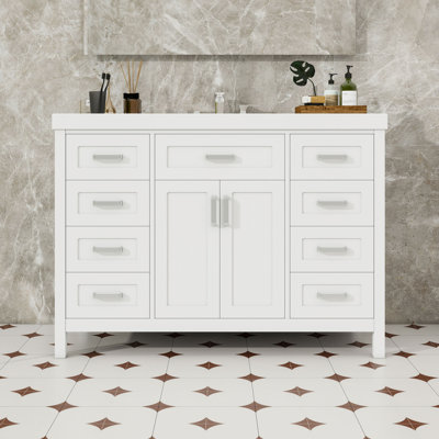 Modern Freestanding Bathroom Vanity with Durable Resin Top, Soft-Close Storage and Solid Pine Legs