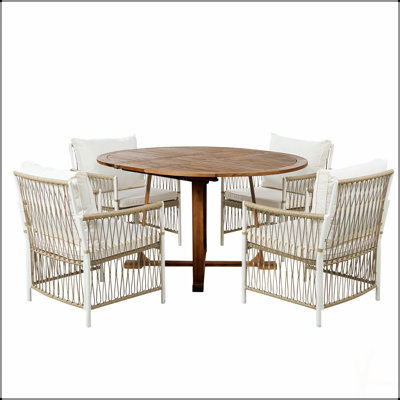 Ensemble de salle à manger d'extérieur moderne en bois 5 pièces avec rallonge papillon de 12 pouces et 4 fauteuils en rotin Modern, parfait pour les rassemblements en extérieur