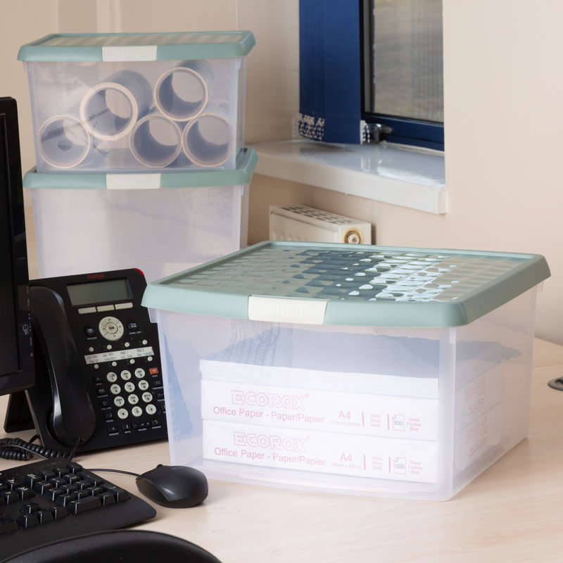Wham Clip 25.5L Square Plastic Storage Boxes with Secure Clip Lock Lids. L:39.5 x W:39.5 x H:22.5cm Clear/Stone/Slate Grey