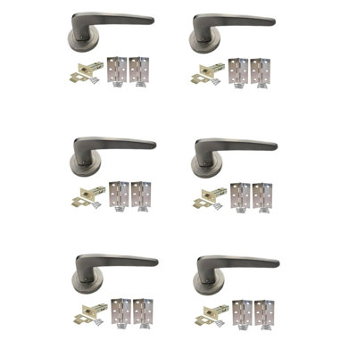  6 Pairs Venus Design Door Handles on Round Rose in Stainless Steel Finish with Latch and Hinges