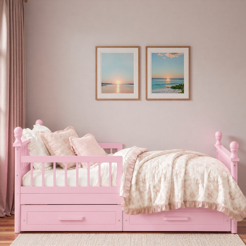 Lit en bois pour enfants avec 2 tiroirs de rangement sous le bas, garde-corps de sécurité et conception arquée décorative